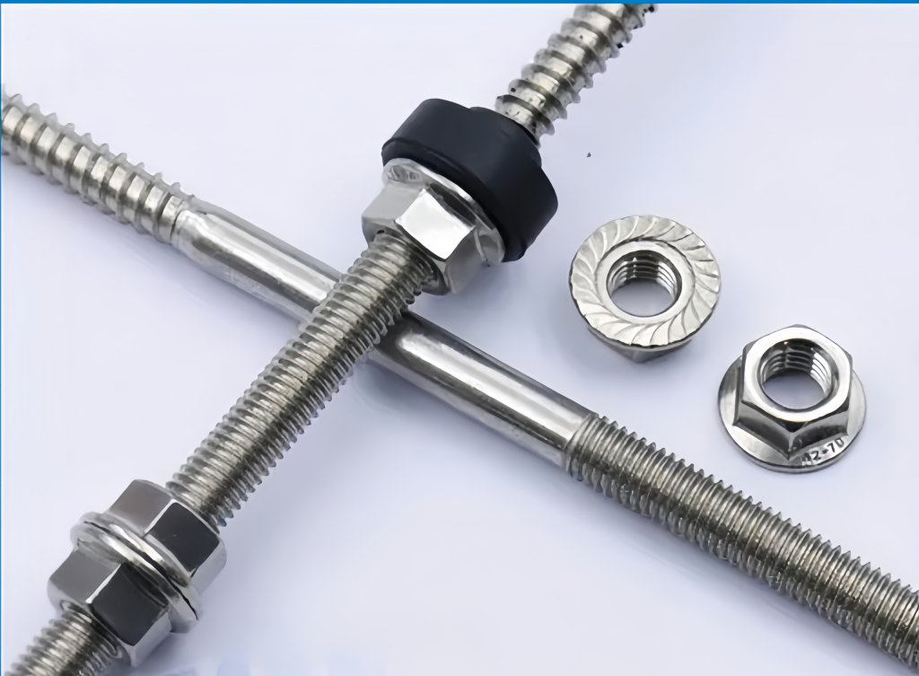 High-quality stainless steel fully threaded bolts and nuts on a white background.