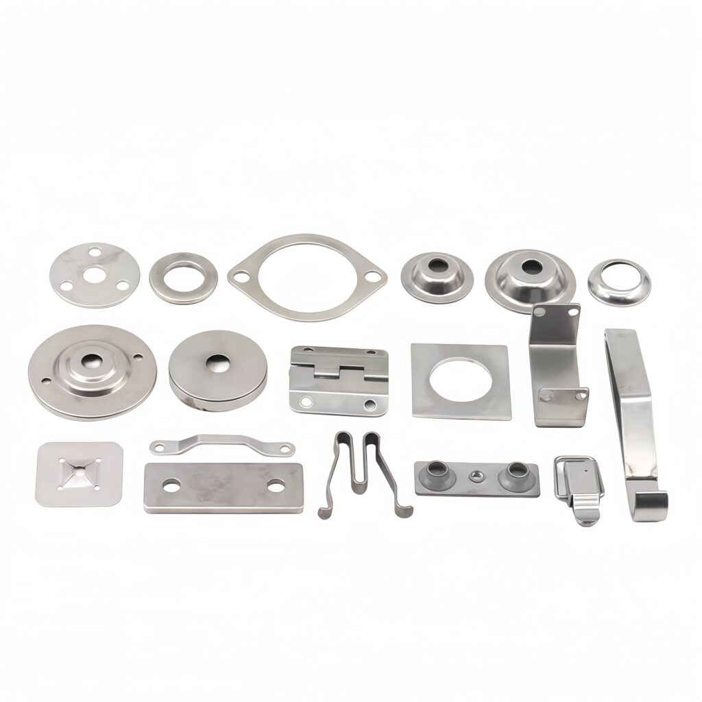 Industrial hardware fasteners and stamped metal connecting brackets.