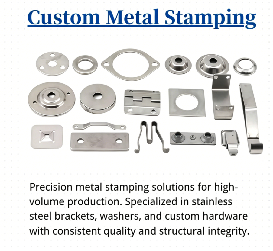 Industrial hardware fasteners and stamped metal connecting brackets.