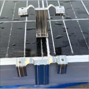 Anti-abrasion stainless steel solar cable clips with rounded edges for cable protection.