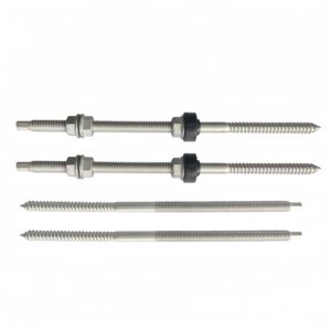 Stainless steel solar hanger bolt with dual threads, EPDM waterproof washer, and flange nuts for rooftop solar panel installation.
