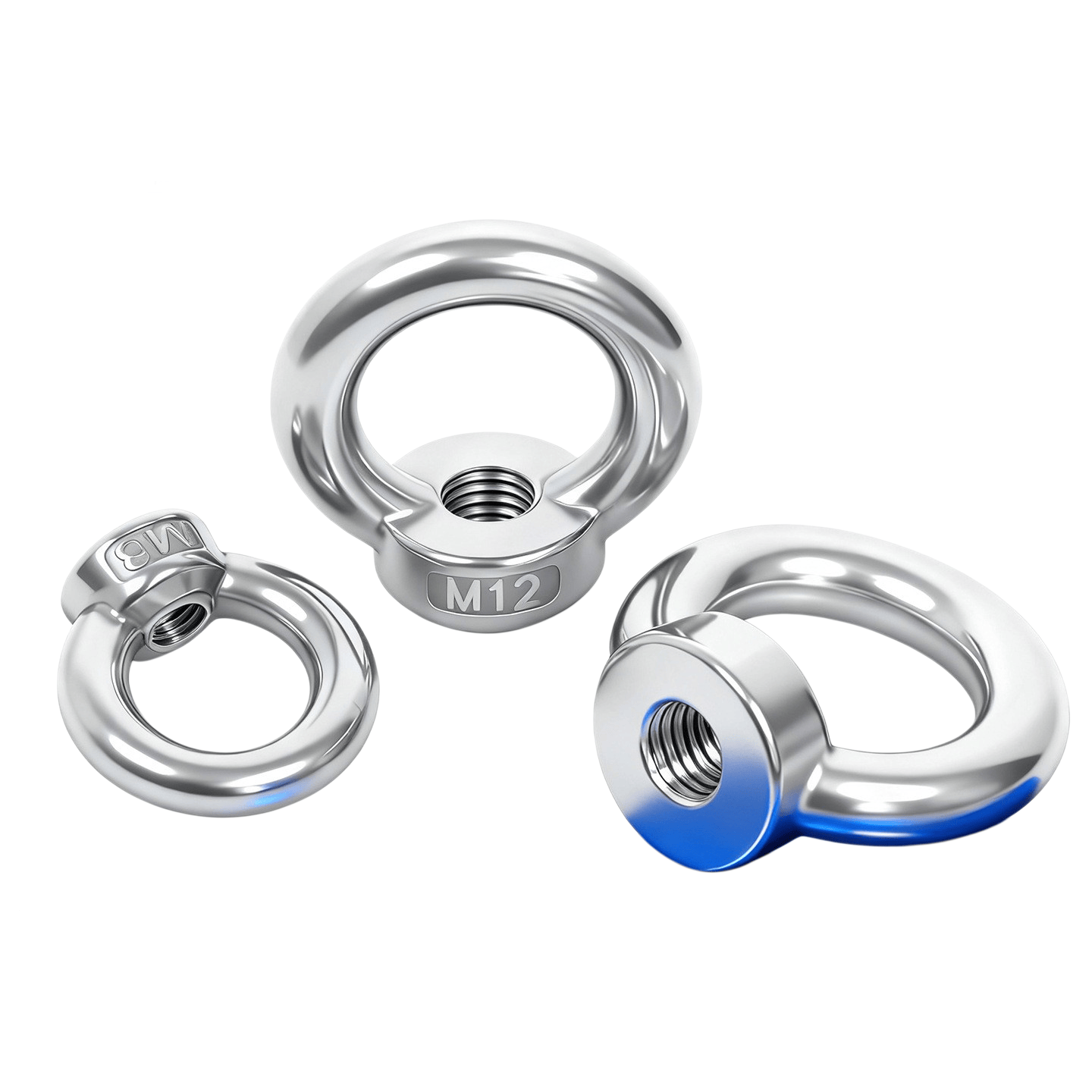 Threaded eye nut and lifting ring nut for industrial hardware.