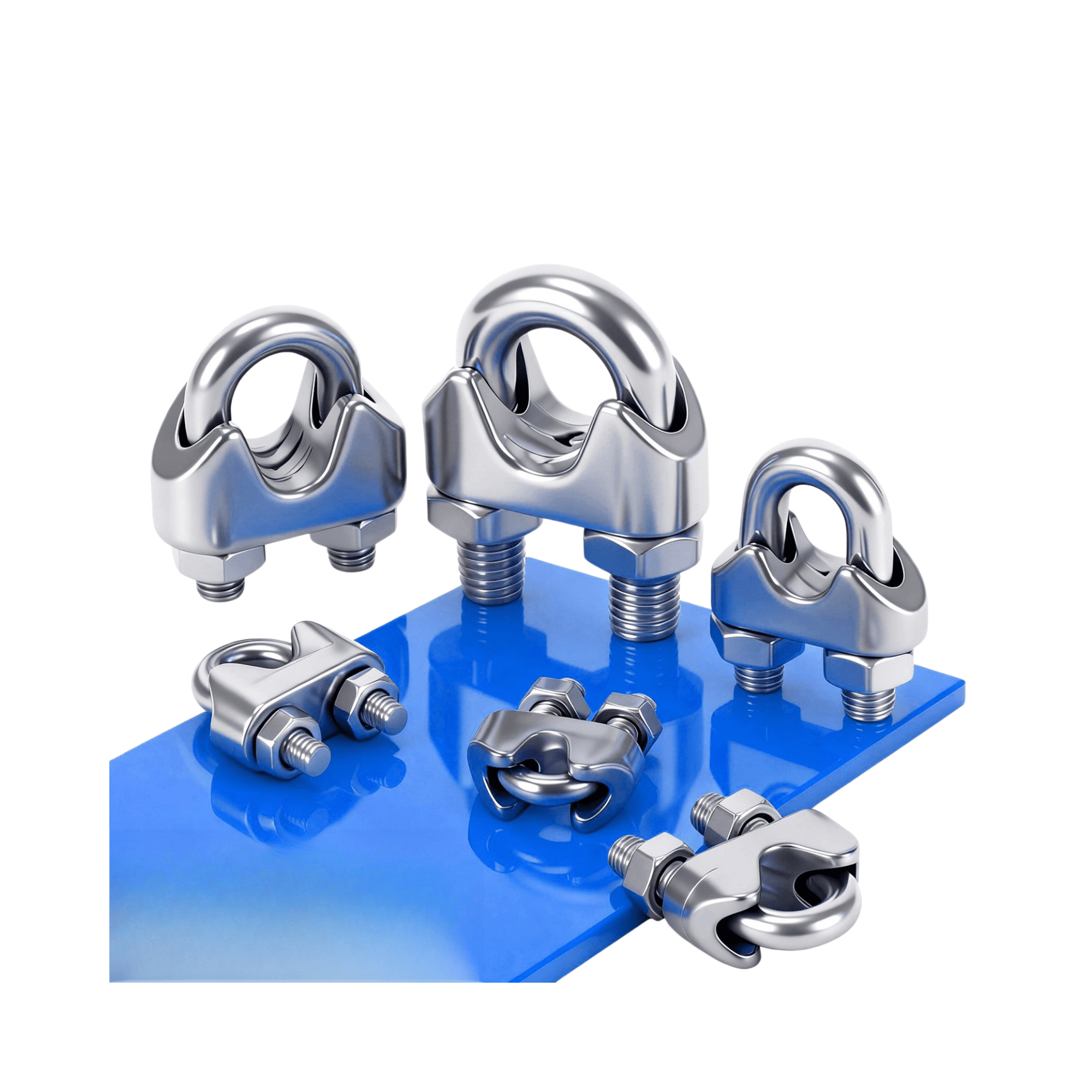 Stainless steel wire rope clip for rigging and marine use.