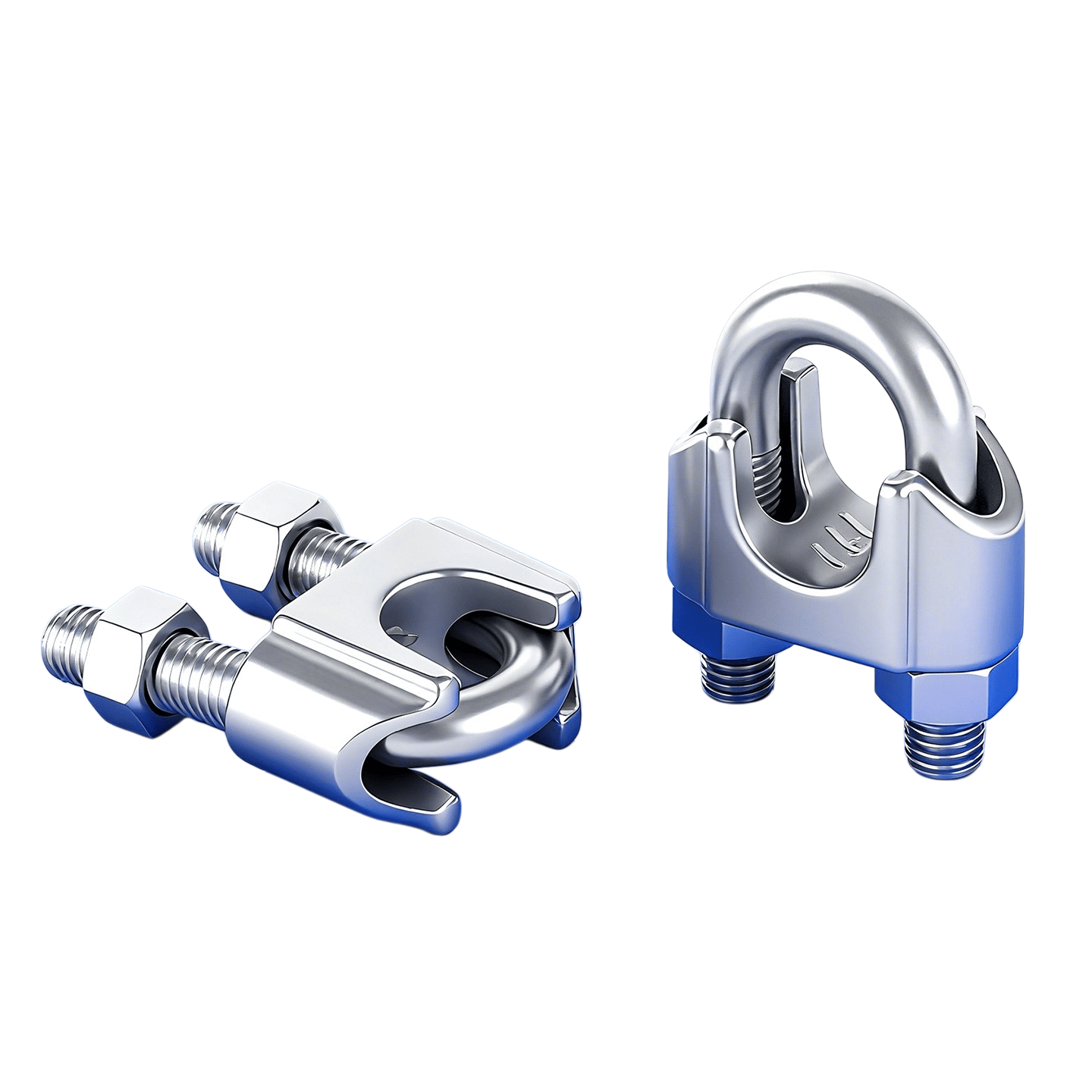 Heavy duty stainless steel wire rope clips with U-bolt and nuts.