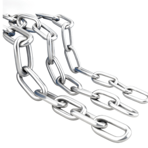 Stainless steel welded link chain for industrial and marine applications.