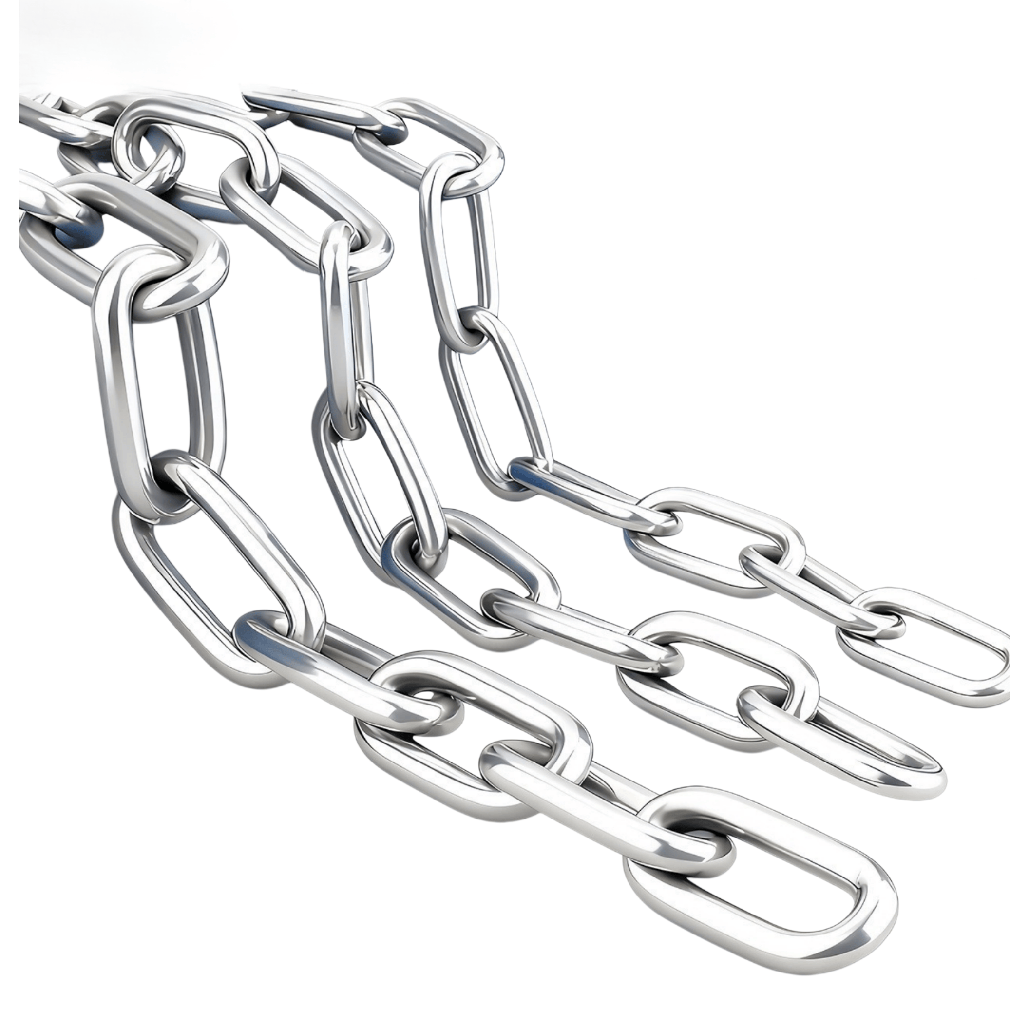 Stainless steel welded link chain for industrial and marine applications.