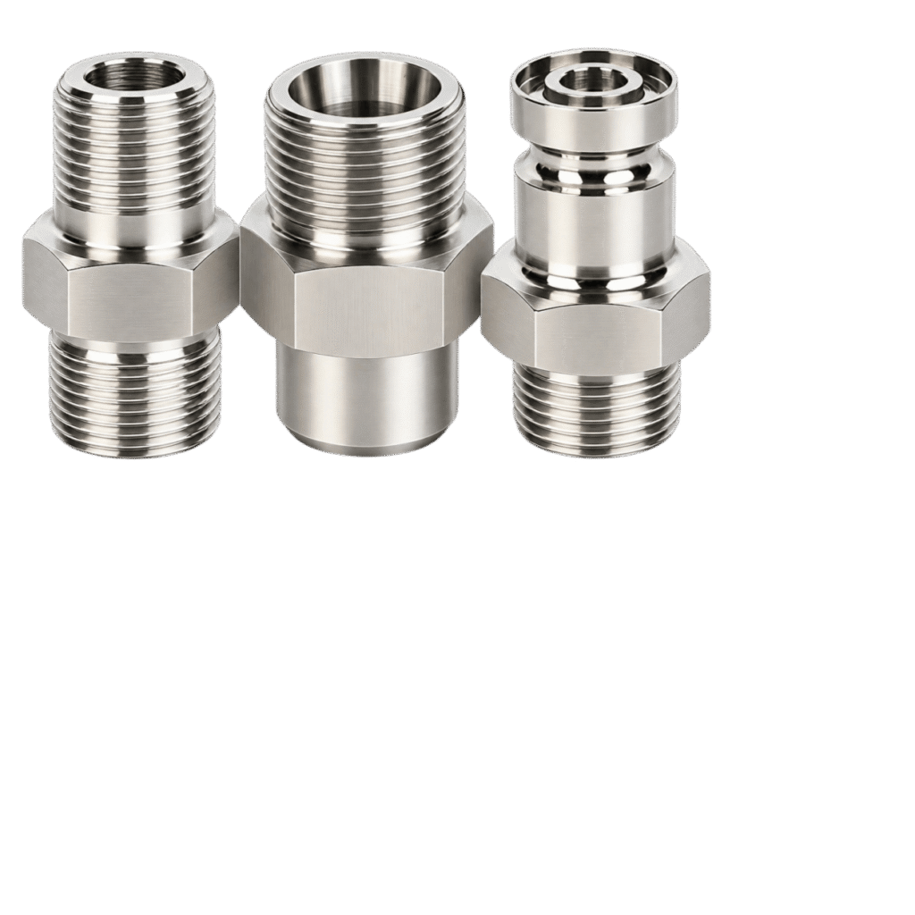 Stainless steel male thread quick disconnect fittings for industrial hose lines.